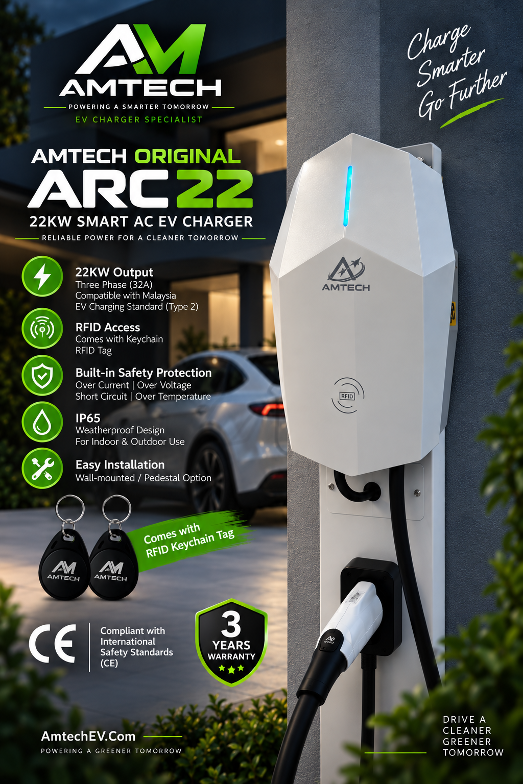 Amtech Original ARC 22KW Wall Box Charger compliant with International Safety Standard