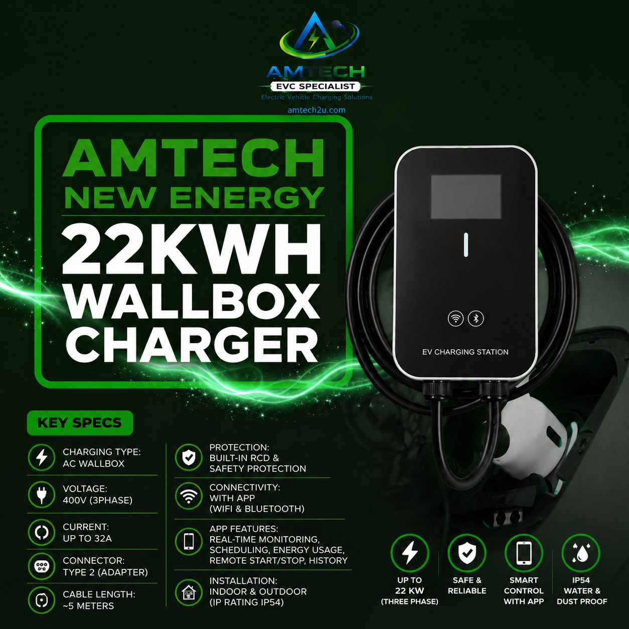Amtech New Energy Wall Box Charger 22Kwh